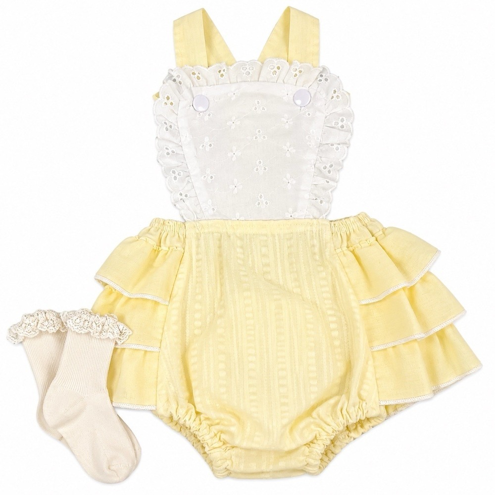 Stone Bubble Romper 12 Mos Butter Yellow‎ White Eyelet Ruffle Lace Vintage USA